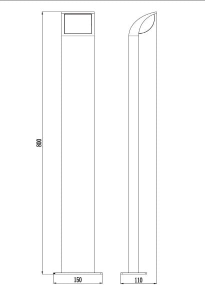 Grafitowa lampa ogrodowa LED Stock H80 o mocy 7W i barwie światła 3000K, z prostą, smukłą konstrukcją. Wymiary: wysokość 800 mm, szerokość podstawy 150 mm, głębokość 110 mm. Kształt górnej części lekko zaokrąglony.