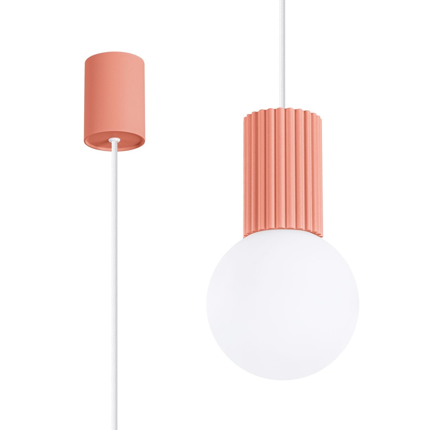 Lampa wisząca Halo 1xG9 w kolorze brzoskwiniowym. Posiada okrągłą, białą kulę oraz cylindryczny, żebrowany element w górnej części. Zawieszona na białym przewodzie, z prostym mocowaniem sufitowym w tym samym kolorze.