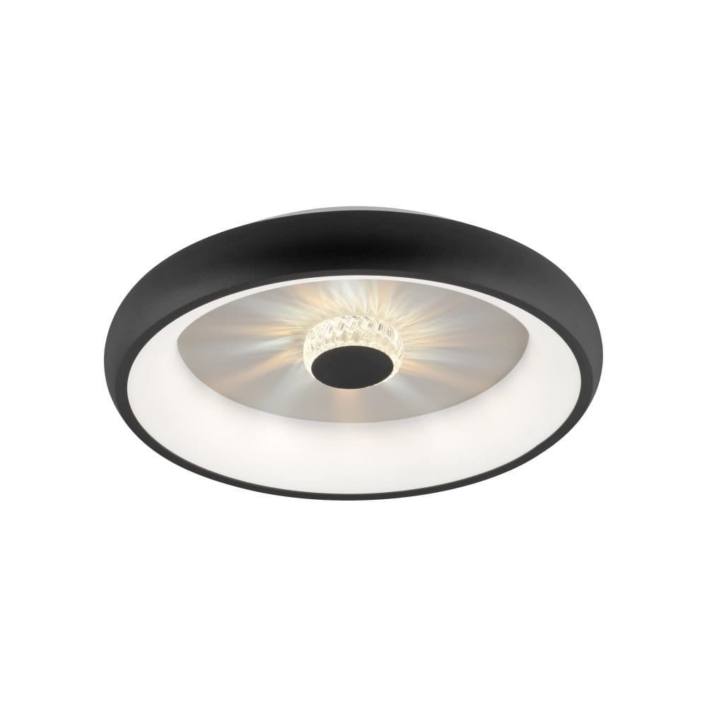 Plafon Vertigo LED 29W CCT w kolorze czarnym, okrągły kształt z metalową obwódką. W centrum przezroczysta osłona z diodami LED, zdalne sterowanie. Produkt montowany na suficie, z delikatnym podświetleniem.