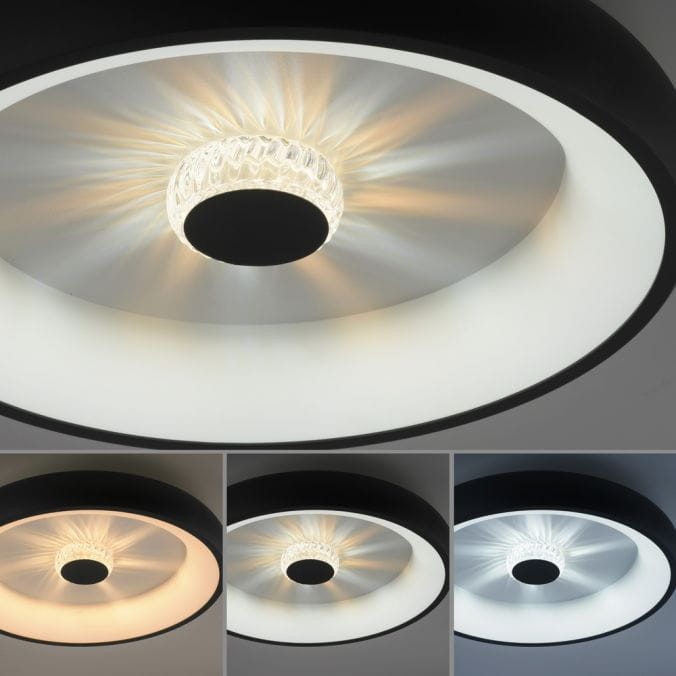 Plafon LED Vertigo 29W CCT w kolorze czarnym, z okrągłym kloszem i dekoracyjnym pierścieniem. Widoczna zmiana barwy światła oraz efekt świetlny. Ujęcie z góry, przedstawiające różne warianty oświetlenia.
