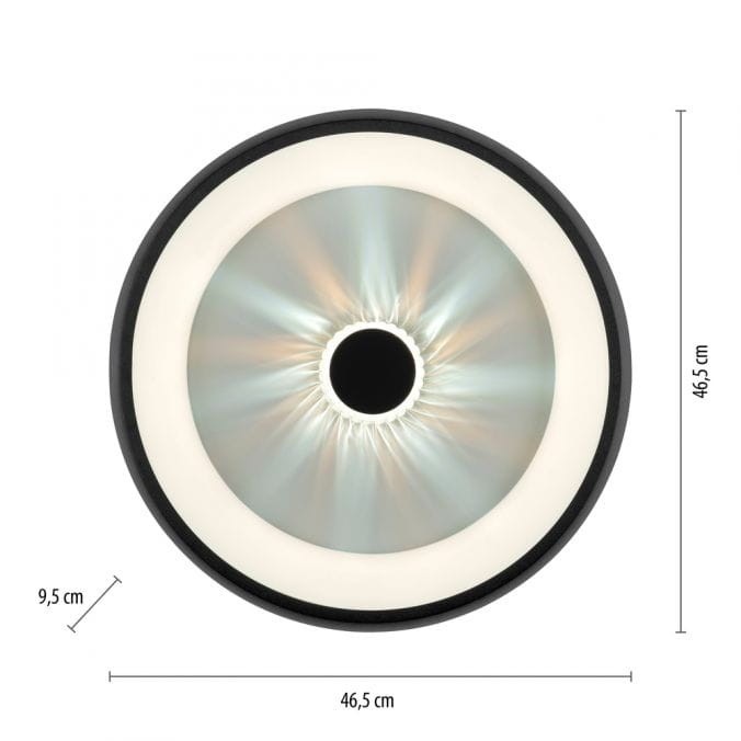 Plafon LED Vertigo w kolorze czarnym, średnica 46,5 cm i wysokość 9,5 cm. Okrągły kształt z centralnym otworem, wbudowany pilot. Zewnętrzna obręcz w jasnym kolorze, efektowne wykończenie. Idealny do nowoczesnych wnętrz.