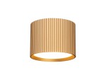 Lampa sufitowa Gisele w formie tuby, w kolorze złotym, o fakturze z pionowymi żłobieniami. Ujęcie frontalne, produkt w pozycji wiszącej. Oświetlenie otwarte u dołu, w minimalistycznym stylu, idealne do nowoczesnych wnętrz.