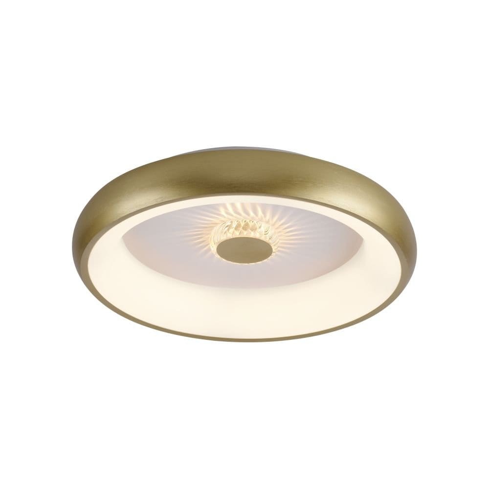 Plafon LED Vertigo 29W CCT w kolorze mosiądzu, okrągły, z białym kloszem. Widoczny centralny punkt świetlny z dekoracyjnym wzorem. Produkt zamontowany na suficie, zdalnie sterowany pilotem. Prosty, elegancki design, idealny do nowoczesnych wnętrz.
