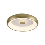 Plafon LED Vertigo 29W CCT w kolorze mosiądzu, okrągły, z białym kloszem. Widoczny centralny punkt świetlny z dekoracyjnym wzorem. Produkt zamontowany na suficie, zdalnie sterowany pilotem. Prosty, elegancki design, idealny do nowoczesnych wnętrz.