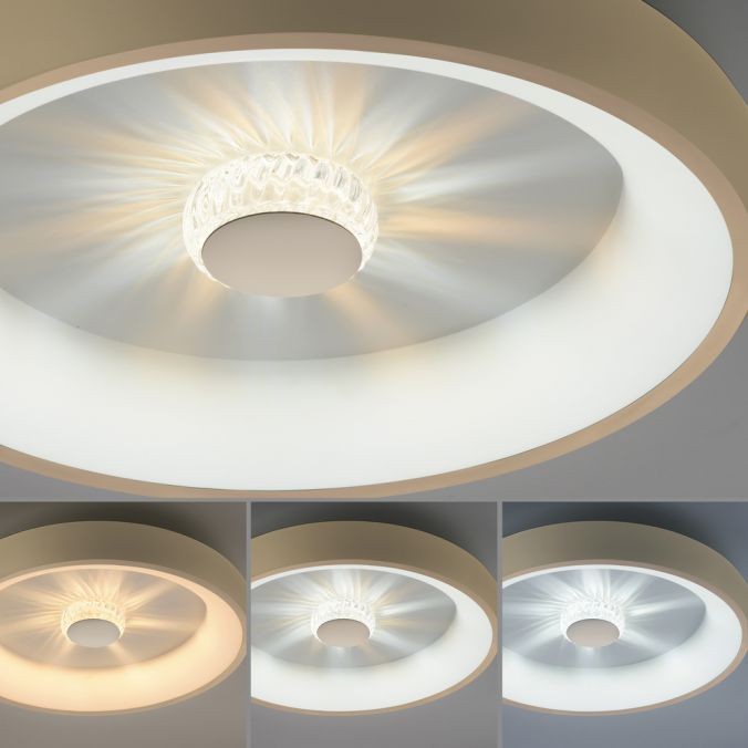 Plafon Vertigo LED 29W CCT w mosiężnej oprawie, okrągły kształt. Świeci w trzech odcieniach światła: ciepłym, neutralnym i zimnym. W centralnej części dekoracyjne, przezroczyste elementy. Montowany na suficie, widoczny z bliska.