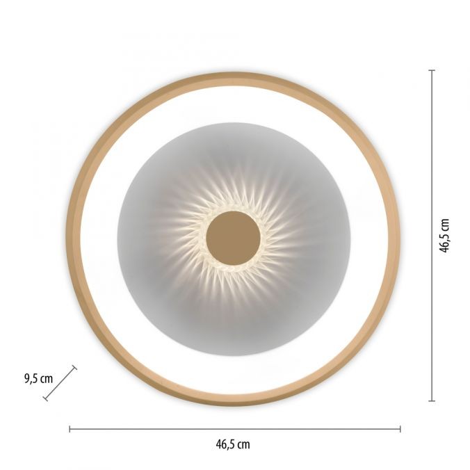 Plafon LED Vertigo w kolorze mosiądzu, o średnicy 46,5 cm i wysokości 9,5 cm. Okrągła konstrukcja z centralnym, teksturowanym elementem i wbudowanym oświetleniem, z możliwością sterowania pilotem.
