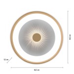 Plafon LED Vertigo w kolorze mosiądzu, o średnicy 46,5 cm i wysokości 9,5 cm. Okrągła konstrukcja z centralnym, teksturowanym elementem i wbudowanym oświetleniem, z możliwością sterowania pilotem.