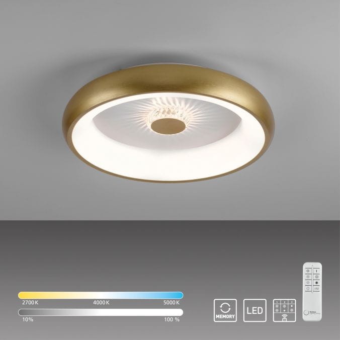Plafon LED Vertigo 37W w kolorze mosiądzu, okrągły z białą oprawą. Wyposażony w pilot do zdalnego sterowania. Widoczny wybór temperatury barwowej (2700K, 4000K, 5000K) oraz wskaźnik jasności. Montowany na suficie.