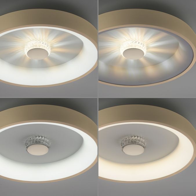 Plafon LED Vertigo 37W CCT w kolorze mosiądzu. Na zdjęciu cztery ujęcia lampy z różnymi ustawieniami światła, ukazujące okrągły kształt, metaliczny pierścień oraz szklany klosz w centralnej części. Wysoka jakość wykonania, nowoczesny design.