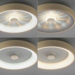 Plafon LED Vertigo 37W CCT w kolorze mosiądzu. Na zdjęciu cztery ujęcia lampy z różnymi ustawieniami światła, ukazujące okrągły kształt, metaliczny pierścień oraz szklany klosz w centralnej części. Wysoka jakość wykonania, nowoczesny design.