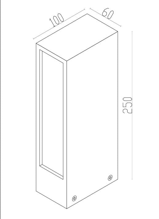 Grafitowa lampa ogrodowa LED Hof H25 o wymiarach 250x100x60 mm, z prostokątnym kształtem i otworem na frontowej stronie, zapewniająca ciepłe światło 3000K, idealna do oświetlenia przestrzeni zewnętrznych.