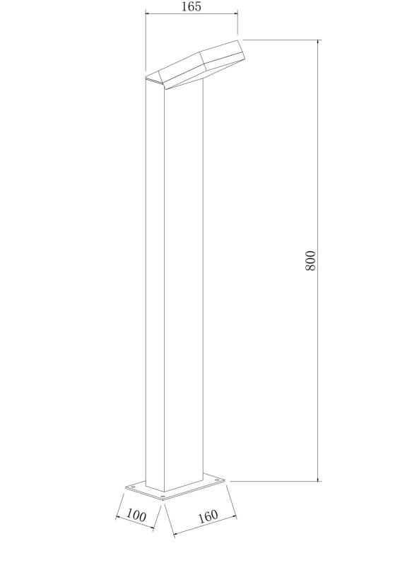 Lampa ogrodowa Paso H80 LED 12W w kolorze czarnym, o wysokości 800 mm i podstawie 160x100 mm. Posiada prostokątny kształt z nachyloną głowicą, co umożliwia kierunkowe oświetlenie. Wymiary: szerokość 165 mm.