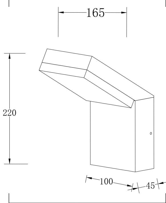 Kinkiet elewacyjny LED 12W w kolorze czarnym, o wymiarach 220 mm wysokości, 165 mm szerokości i 100 mm głębokości. Posiada kątowy kształt oraz mocowanie do ściany, idealny do oświetlenia zewnętrznego. Temperatura barwowa 3000K.