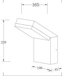 Kinkiet elewacyjny LED 12W w kolorze czarnym, o wymiarach 220 mm wysokości, 165 mm szerokości i 100 mm głębokości. Posiada kątowy kształt oraz mocowanie do ściany, idealny do oświetlenia zewnętrznego. Temperatura barwowa 3000K.