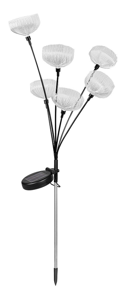 Lampa solarna ogrodowa w kształcie kwiatka, składająca się z sześciu białych, teksturowanych kwiatów na elastycznych łodygach. Posiada sztywny, wbijany stelaż oraz czarną podstawę z panelami słonecznymi. Wysokość lampy wynosi 75 cm.