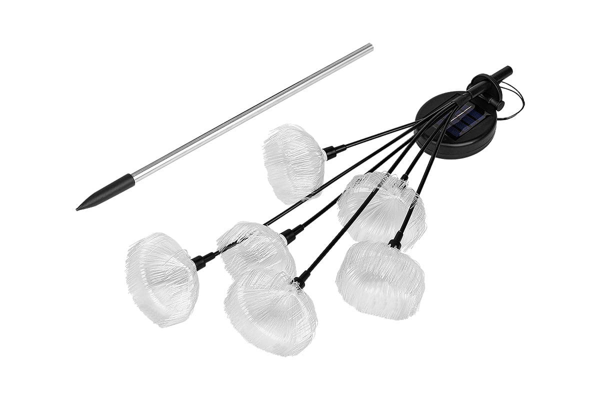 Lampa solarna ogrodowa w kształcie kwiatka, z sześcioma przezroczystymi kloszami, montowana w ziemi. Wbudowany panel słoneczny i cienki metalowy stelaż. Klosze mają teksturowaną powierzchnię, co nadaje im dekoracyjny wygląd.