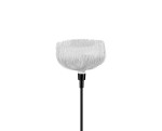 Lampa solarna ogrodowa w kształcie kwiatu, z przezroczystym kloszem z cienkich włókien, umocowana na czarnym stalowym stelażu. Widoczna długość 75 cm, lampa wbijana w ziemię, idealna do dekoracji ogrodu.