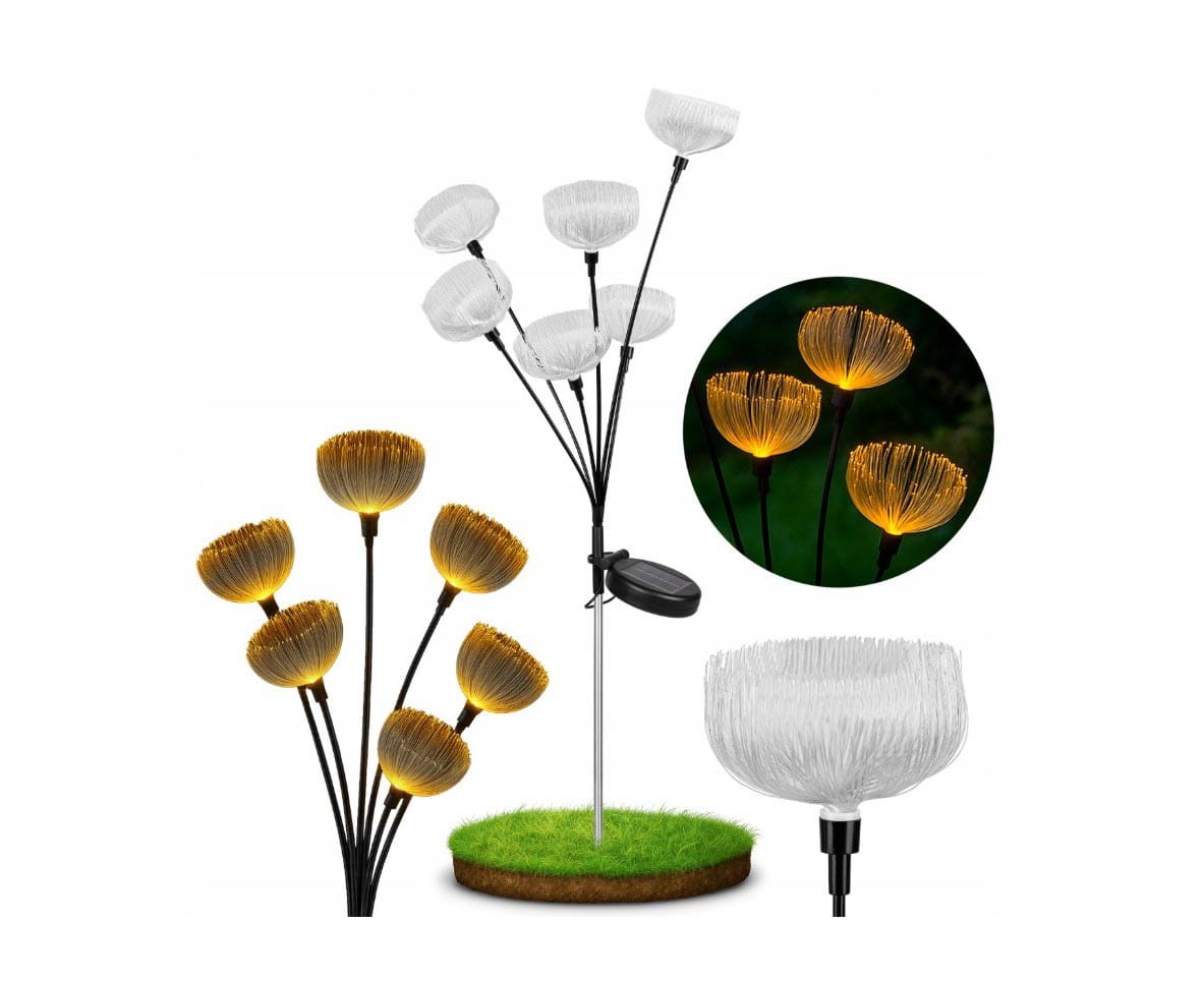 Lampa solarna ogrodowa w kształcie kwiatka, wysokość 75 cm, z sześcioma kwiatowymi główkami w kolorze białym i złotym. Produkt z metalowym stelażem i panelem solarnym, wbijany w ziemię, idealny do dekoracji ogrodu.