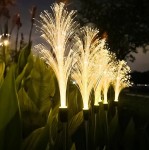 Trawa lampa solarna ogrodowa H80 LED z efektownymi, świecącymi włóknami, wbijana w ziemię. Lampa emituje ciepłe, żółte światło, prezentując się w grupie kilku sztuk, otoczona zielonymi liśćmi w tle.