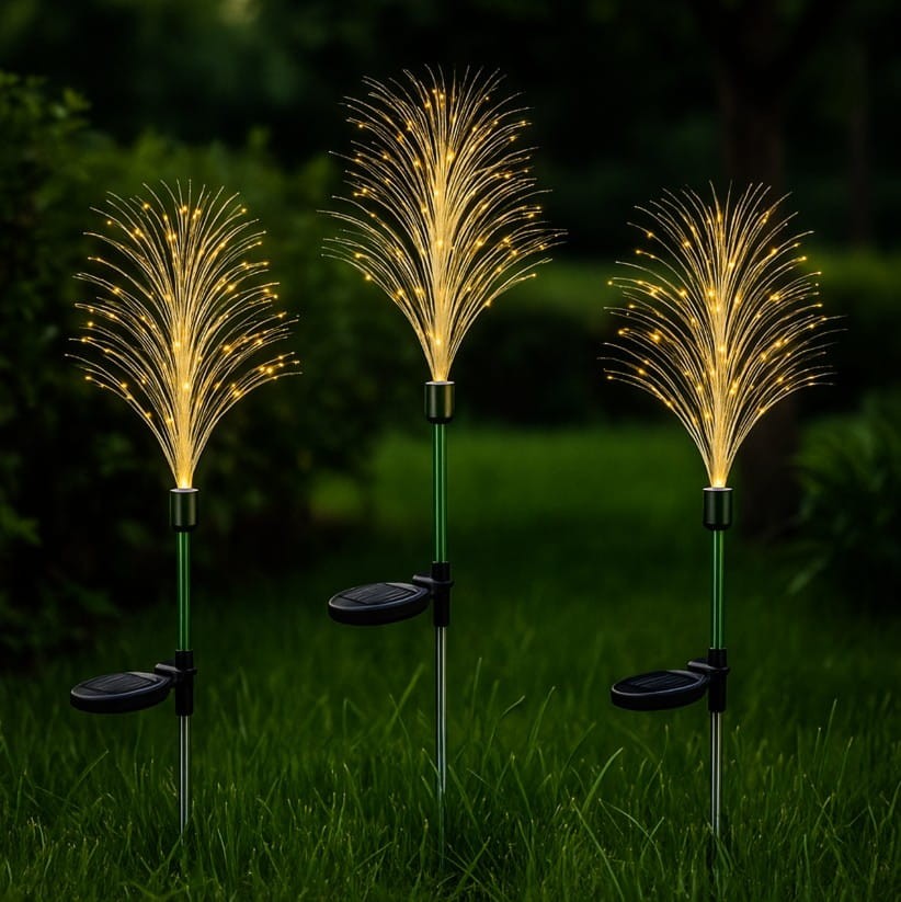 Lampa solarna ogrodowa wbijana H80 LED z efektownym, rozświetlonym źdłem w kształcie trawy. Posiada trzy wysokości, metalowe stelaże w kolorze zielonym oraz czarne podstawki. Idealna do dekoracji ogrodu.