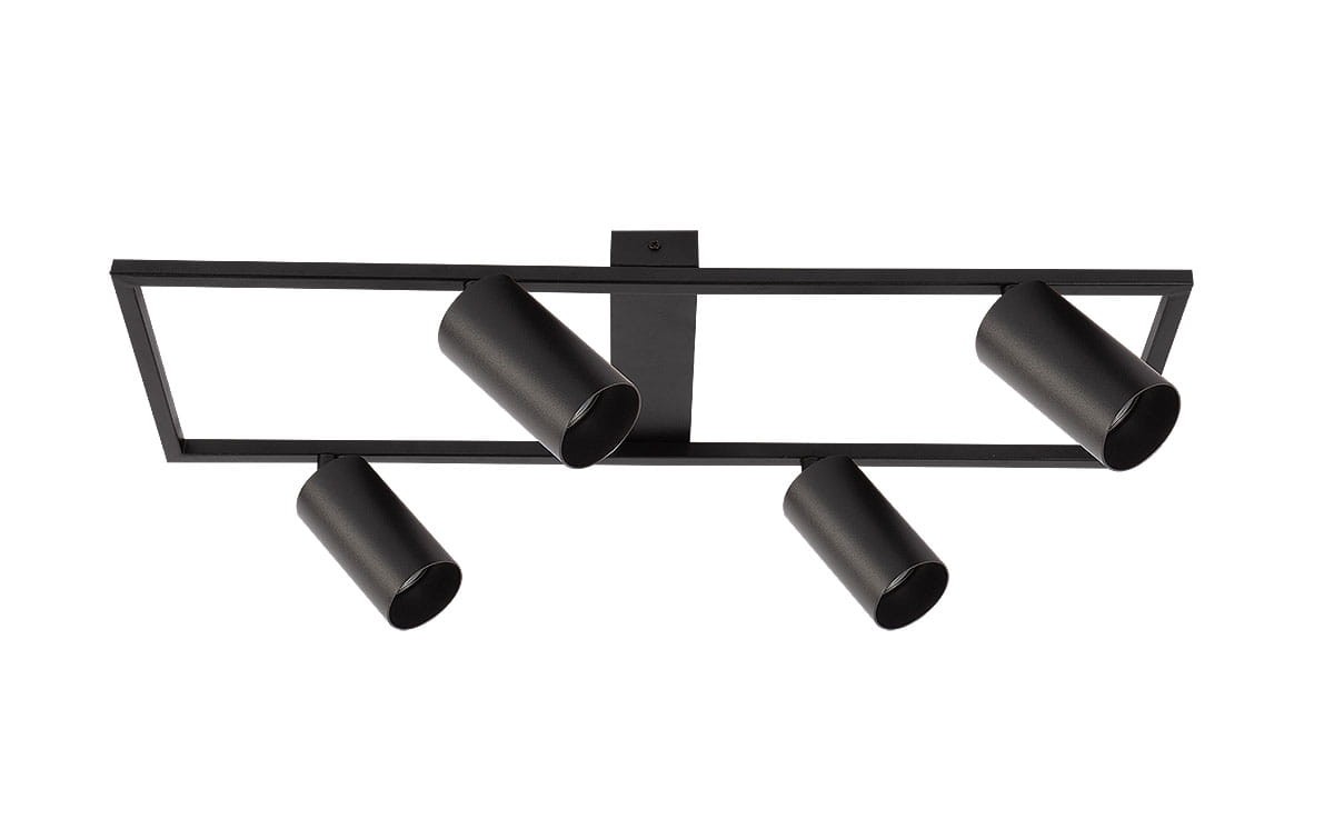 Lampa sufitowa Bumo w kolorze czarnym z czterema reflektorami typu GU10. Ujęcie frontalne pokazuje prostokątną podstawę z metalowymi, cylindrycznymi kloszami, skierowanymi w różnych kierunkach, zawieszona na suficie.