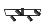 Lampa sufitowa Bumo w kolorze czarnym z czterema reflektorami typu GU10. Ujęcie frontalne pokazuje prostokątną podstawę z metalowymi, cylindrycznymi kloszami, skierowanymi w różnych kierunkach, zawieszona na suficie.
