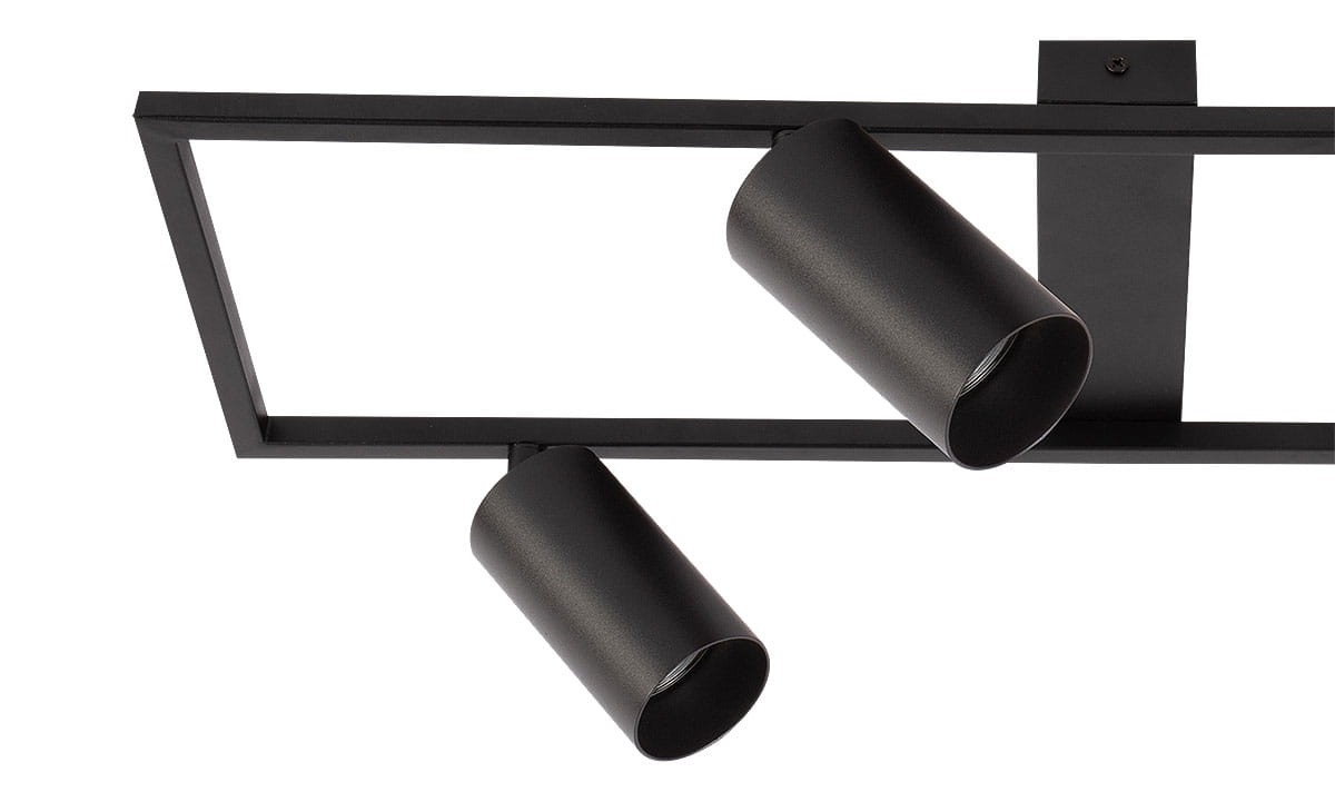 Bumo lampa sufitowa spot 4xGU10 w kolorze czarnym, z prostokątną podstawą i czterema regulowanymi reflektorami. Widać matową fakturę oraz elementy montażowe, umieszczona w pozycji wiszącej.