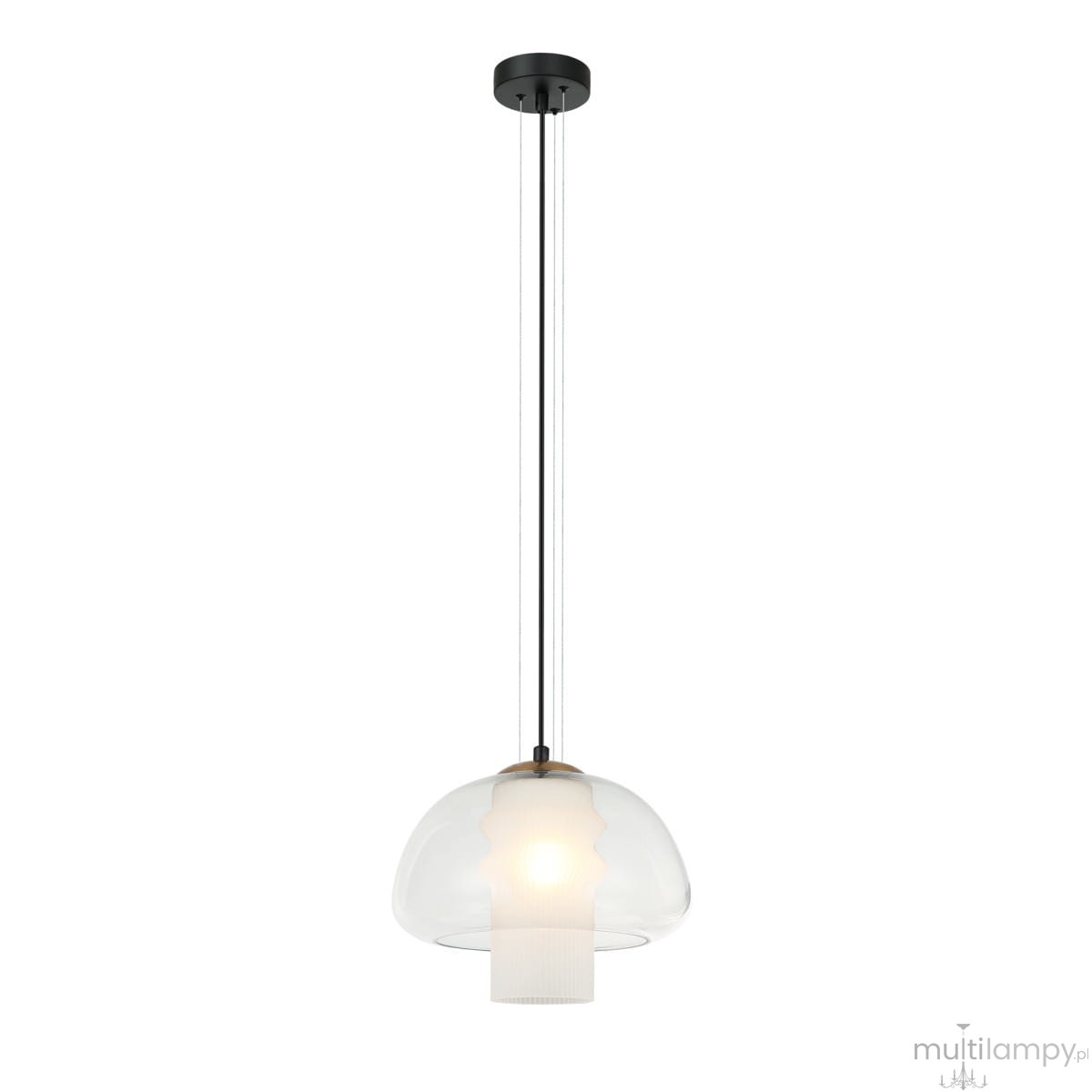 Lampa wisząca Feder 1xE27 w kolorze czarnym, z przezroczystym kloszem o zaokrąglonym kształcie. Zawieszona na dwóch cienkich linkach, z widocznym źródłem światła i eleganckim wykończeniem. Prosta, nowoczesna forma.