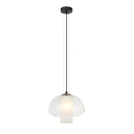 Lampa wisząca Feder 1xE27 w kolorze czarnym, z przezroczystym kloszem o zaokrąglonym kształcie. Zawieszona na dwóch cienkich linkach, z widocznym źródłem światła i eleganckim wykończeniem. Prosta, nowoczesna forma.