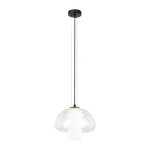 Lampa wisząca Feder z jednym gniazdem E27, czarna, z przezroczystym kloszem o zaokrąglonym kształcie. Długa, metalowa linka w kolorze czarnym. Klosz z białym elementem wewnętrznym, zwisający z sufitu. Tło białe.