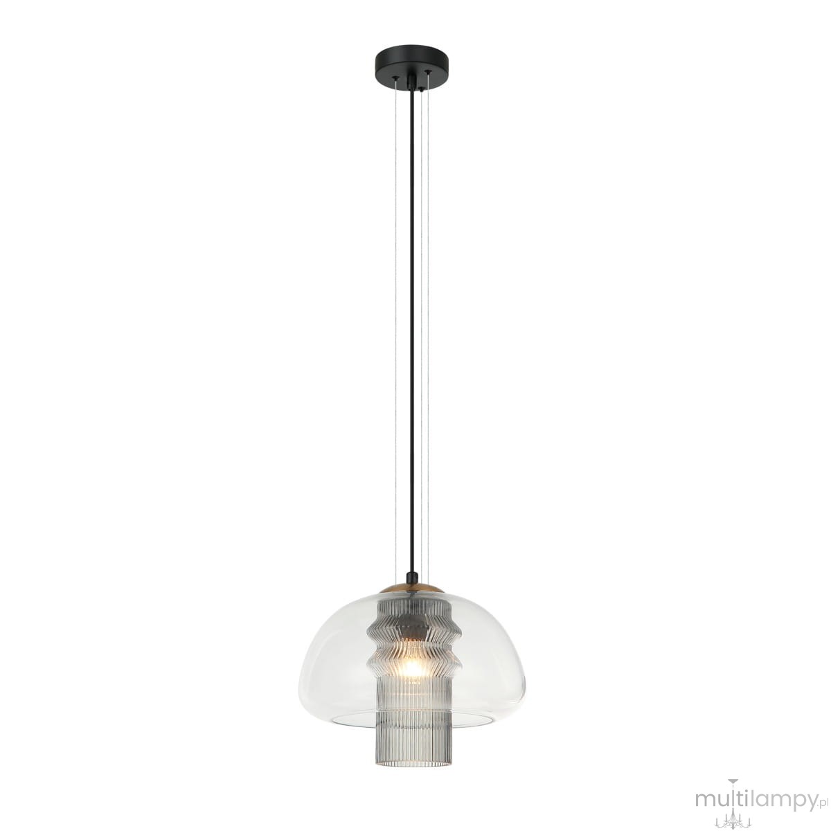 Czarna lampa wisząca Feder z jedną oprawą E27. Szklany klosz o zaokrąglonym kształcie z fakturą, zawieszony na cienkich stalowych linkach. Widoczna żarówka wewnątrz, zamontowana pod kloszem. Prosta konstrukcja, idealna do nowoczesnych wnętrz.