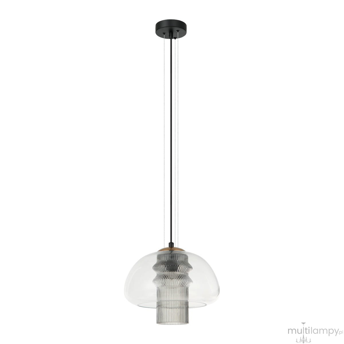 Lampa wisząca Feder z pojedynczym gniazdem E27, w czarnym kolorze. Wymiary: szklany klosz o zaokrąglonym kształcie, z widocznymi żłobieniami. Lampa zawieszona na dwóch przewodach, montowana do sufitu. Tło białe, minimalistyczne.