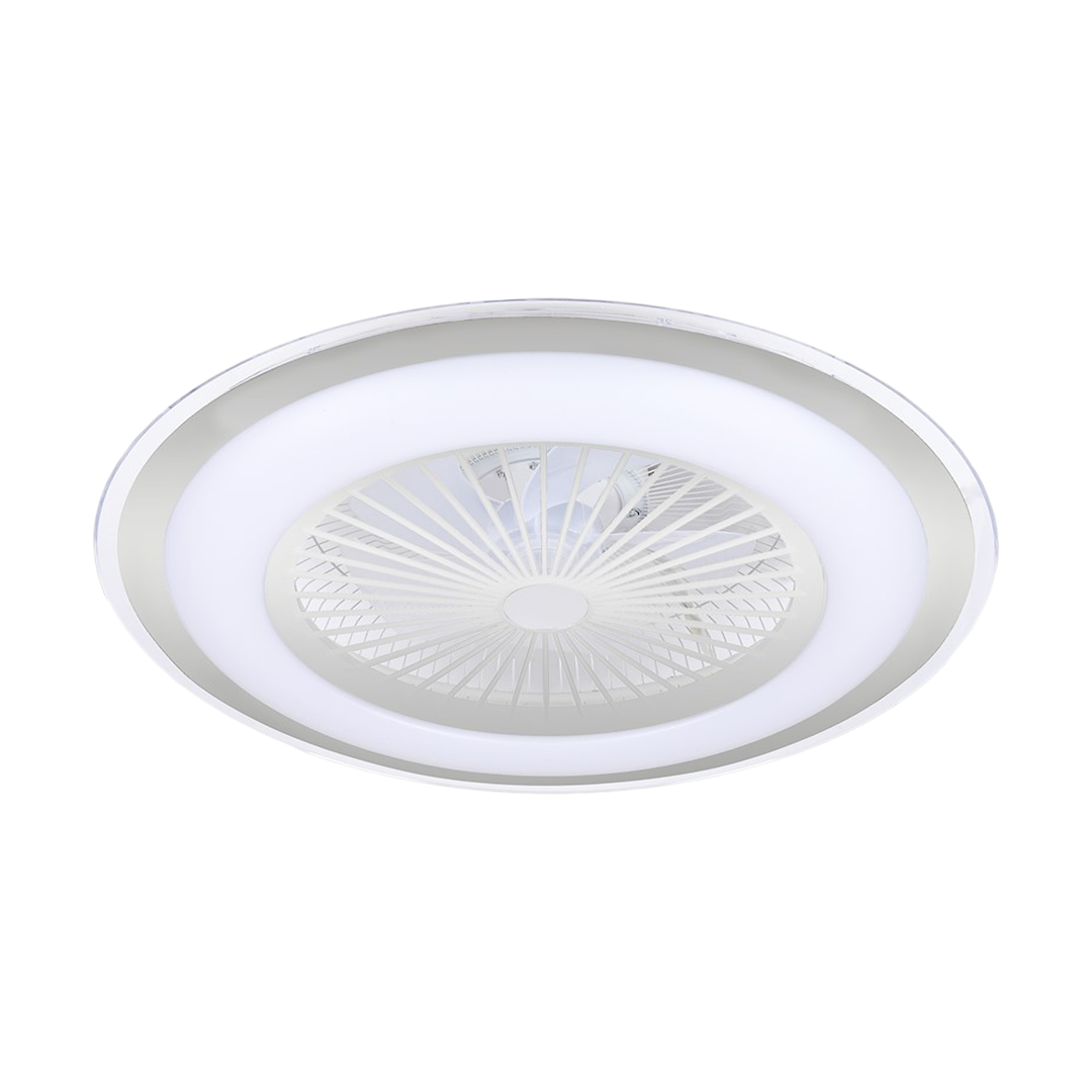 Plafon ZEPHYR z wentylatorem i pilotem, LED 48W CCT, w kolorze białym i srebrnym. Okrągła konstrukcja z przezroczystą osłoną, widoczna struktura wentylatora w centralnej części, montowany sufitowo.