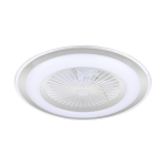 Plafon ZEPHYR z wentylatorem i pilotem, LED 48W CCT, w kolorze białym i srebrnym. Okrągła konstrukcja z przezroczystą osłoną, widoczna struktura wentylatora w centralnej części, montowany sufitowo.