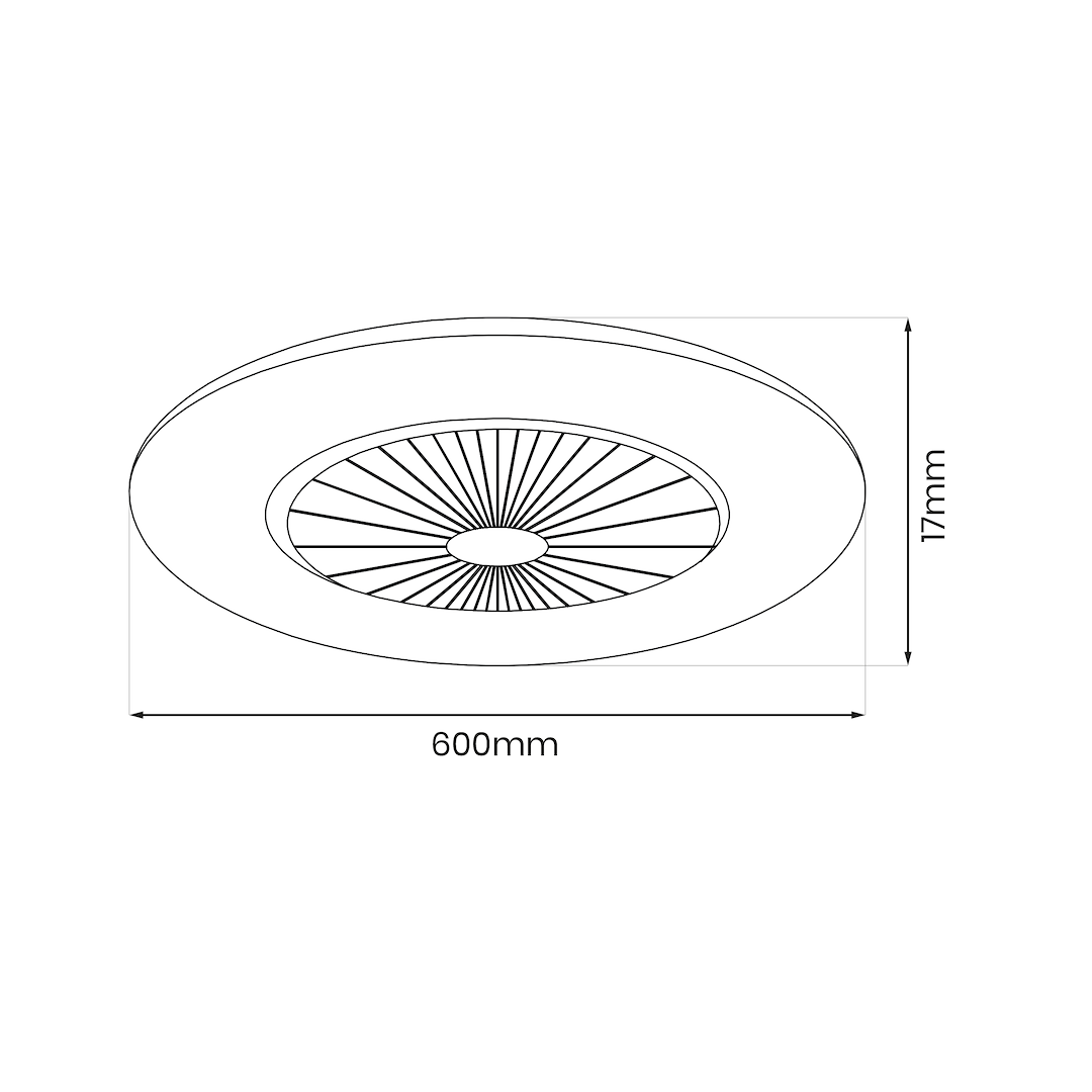 Plafon ZEPHYR z wentylatorem LED 48W CCT w białym i srebrnym kolorze, o okrągłym kształcie, średnica 600 mm, grubość 17 mm. Widoczny wzór wentylatora w centralnej części. Produkt przeznaczony do montażu sufitowego.