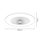 Plafon ZEPHYR z wentylatorem LED 48W CCT w białym i srebrnym kolorze, o okrągłym kształcie, średnica 600 mm, grubość 17 mm. Widoczny wzór wentylatora w centralnej części. Produkt przeznaczony do montażu sufitowego.