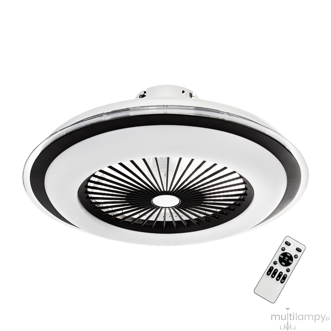 Plafon ZEPHYR z wentylatorem, czarny, LED 48W CCT. Okrągła konstrukcja z centralnym otworem i wentylatorem, widoczny pilot zdalnego sterowania obok. Ujęcie frontalne, na białym tle.