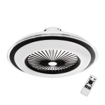 Plafon ZEPHYR z wentylatorem, czarny, LED 48W CCT. Okrągła konstrukcja z centralnym otworem i wentylatorem, widoczny pilot zdalnego sterowania obok. Ujęcie frontalne, na białym tle.