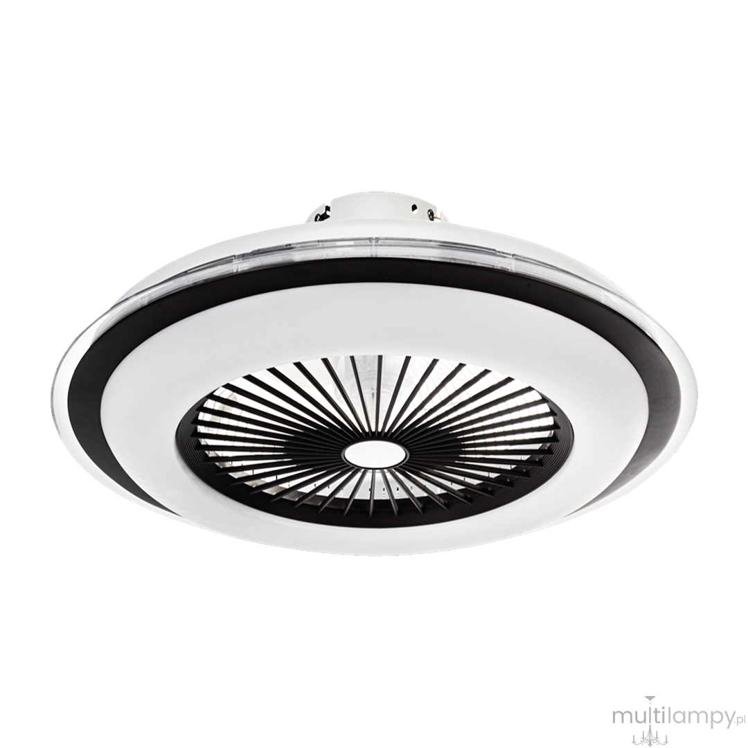 Plafon Zephyr z wentylatorem LED 48W CCT w kolorze czarnym, okrągły kształt z białą ramką i wentylatorem w środku. Wbudowany pilot do zdalnego sterowania. Produkt zamontowany na suficie, na jednolitym tle.