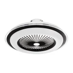 Plafon Zephyr z wentylatorem LED 48W CCT w kolorze czarnym, okrągły kształt z białą ramką i wentylatorem w środku. Wbudowany pilot do zdalnego sterowania. Produkt zamontowany na suficie, na jednolitym tle.