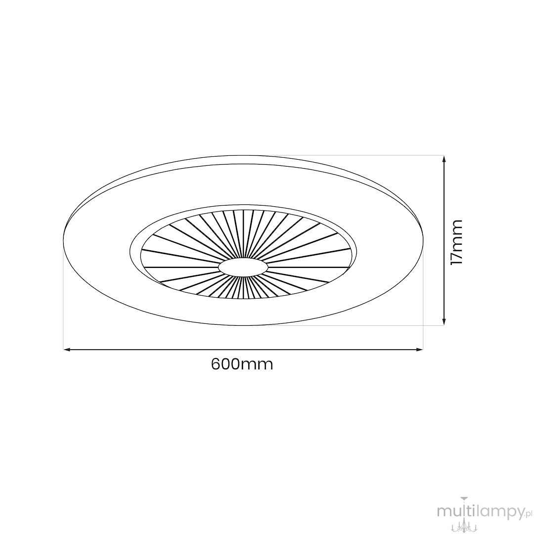 Plafon ZEPHYR z wentylatorem w kolorze czarnym, o średnicy 600 mm i wysokości 17 mm. Wyposażony w pilot, źródło LED 48W CCT. Okrągły kształt z centralnym wentylatorem, delikatne żebrowanie wewnętrzne.