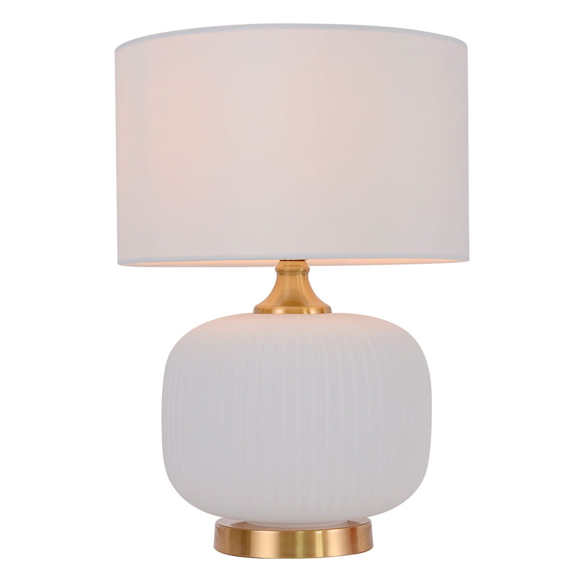 Lampa stołowa Tamiza 1xE27 w kolorze białym, z okrągłym kloszem i złotym detalem przy podstawie. Posiada żłobioną, matową powierzchnię. Ustawiona w pozycji stojącej, z białym abażurem, doskonale nadaje się do różnorodnych aranżacji wnętrz.