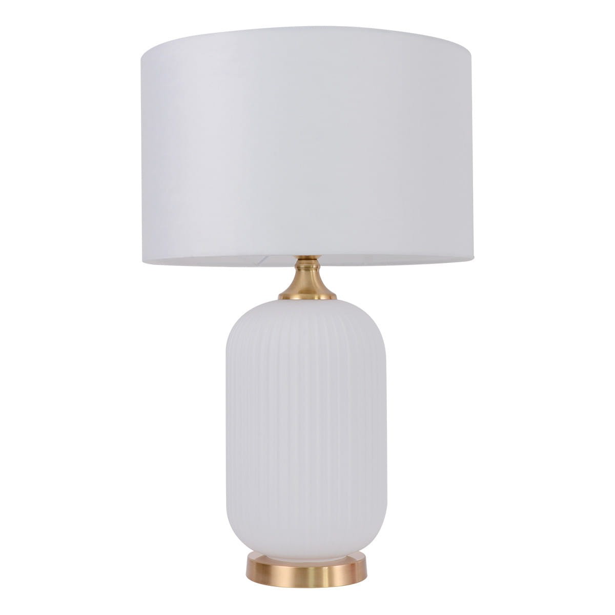 Lampa stołowa Tamiza z białym kloszem i podstawą w kolorze złotym. Okrągła, teksturowana podstawa w kształcie walca, z widocznym wykończeniem w złotym kolorze. Ujęcie z boku, ukazujące elegancki design i harmonijną formę.