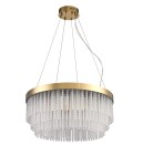 Lampa wisząca LED Gloria D60 o mocy 36,1W i temperaturze barwowej 3000K. Złota oprawa z przezroczystymi, szklanymi elementami w kształcie rur, zawieszona na cienkich linkach. Elegancki, okrągły design, idealna do nowoczesnych wnętrz.