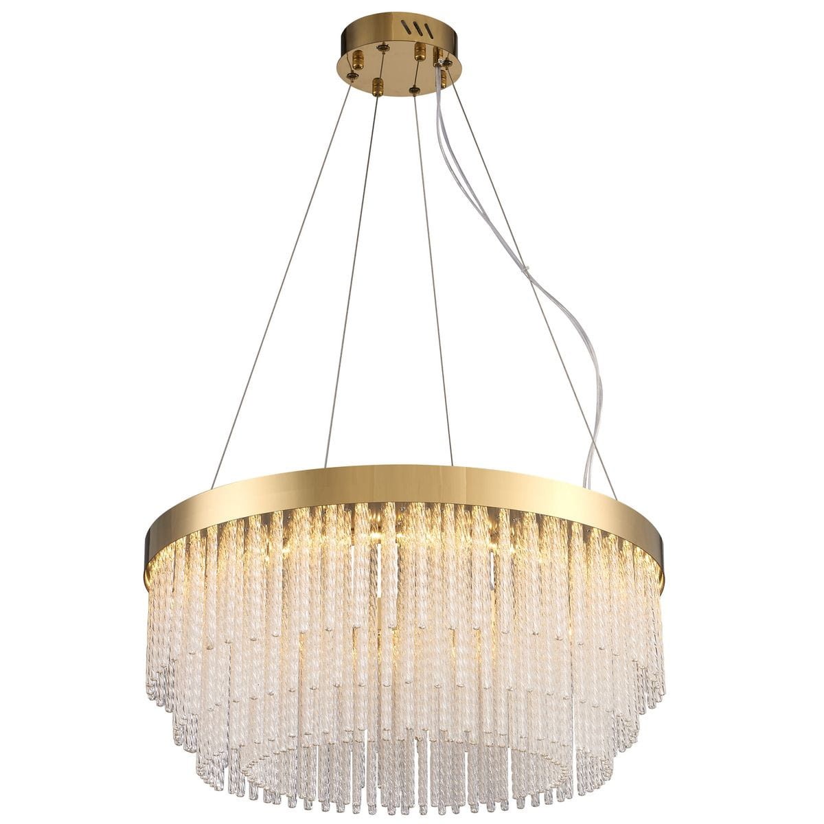 Lampa wisząca LED Gloria D60 o mocy 36,1W w kolorze złotym, z okrągłą podstawą, zawieszona na cienkich linkach. Osłona z kryształowych elementów tworzy efektowne rozproszenie światła o temperaturze 3000K.