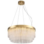 Lampa wisząca LED Gloria D60 o mocy 36,1W w kolorze złotym, z okrągłą podstawą, zawieszona na cienkich linkach. Osłona z kryształowych elementów tworzy efektowne rozproszenie światła o temperaturze 3000K.