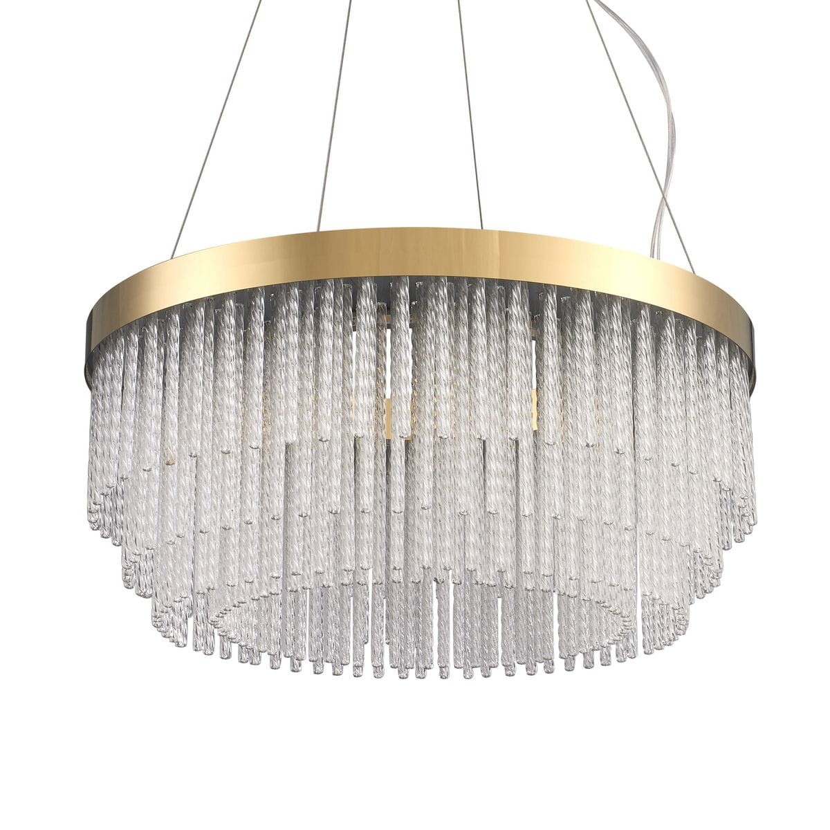 Lampa wisząca LED Gloria D60 o mocy 36,1W, z okrągłą, złotą obręczą i przezroczystymi, szklanymi elementami w formie pionowych słupków, zawieszona na cienkich przewodach, w stylowym, nowoczesnym designie. Kolor światła: 3000K.