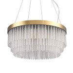 Lampa wisząca LED Gloria D60 o mocy 36,1W, z okrągłą, złotą obręczą i przezroczystymi, szklanymi elementami w formie pionowych słupków, zawieszona na cienkich przewodach, w stylowym, nowoczesnym designie. Kolor światła: 3000K.