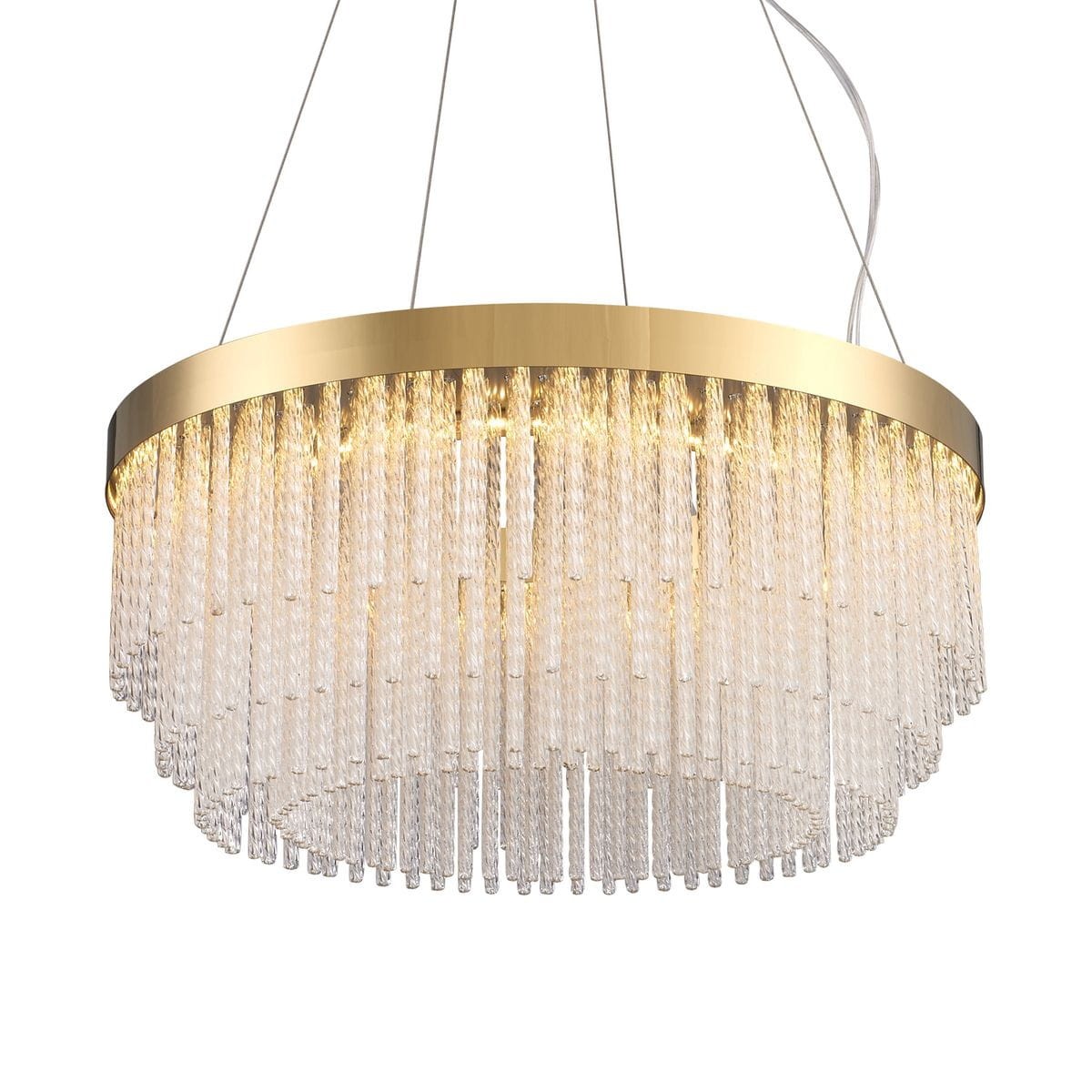 Lampa wisząca LED Gloria D60 o mocy 36,1W, w złotym kolorze, z kryształowymi elementami. Okrągła, zawieszona na cienkich przewodach, emituje ciepłe światło (3000K), tworząc elegancką atmosferę.