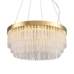 Lampa wisząca LED Gloria D60 o mocy 36,1W, w złotym kolorze, z kryształowymi elementami. Okrągła, zawieszona na cienkich przewodach, emituje ciepłe światło (3000K), tworząc elegancką atmosferę.
